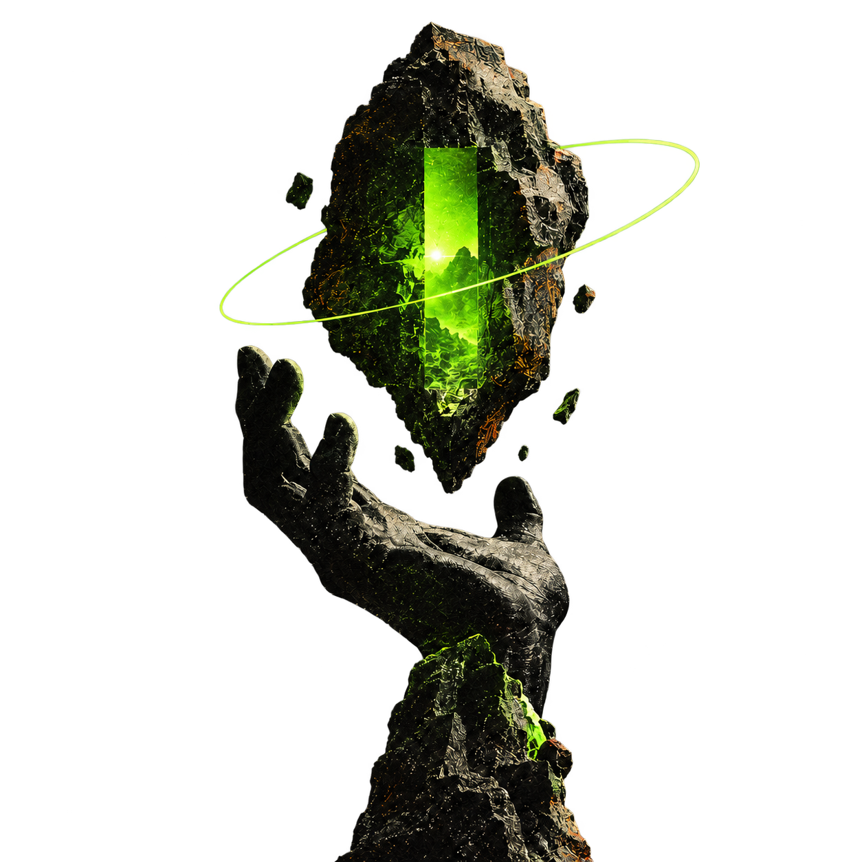A stone hand reaching toward a floating green portal