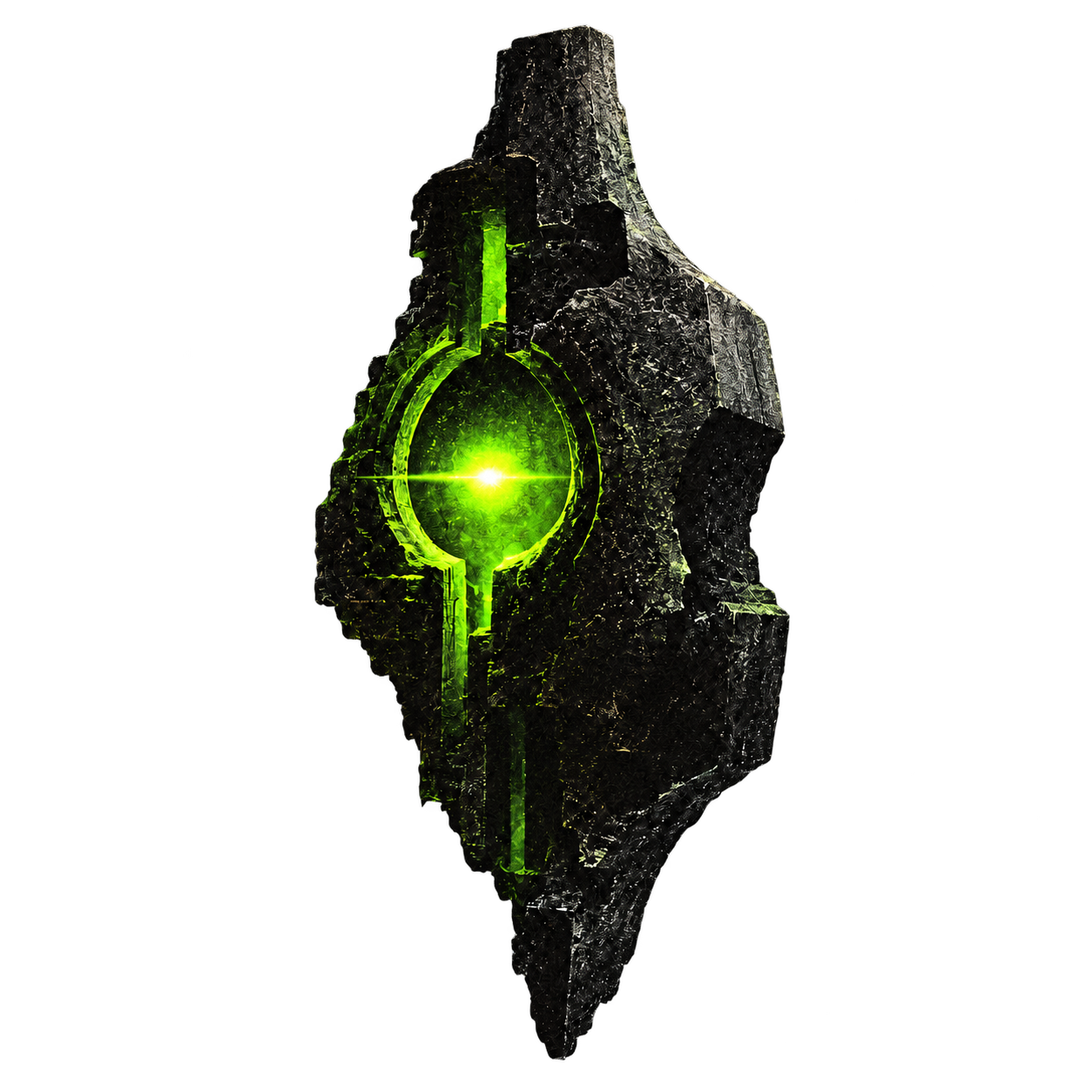 Dark floating stone artifact with a luminous green core